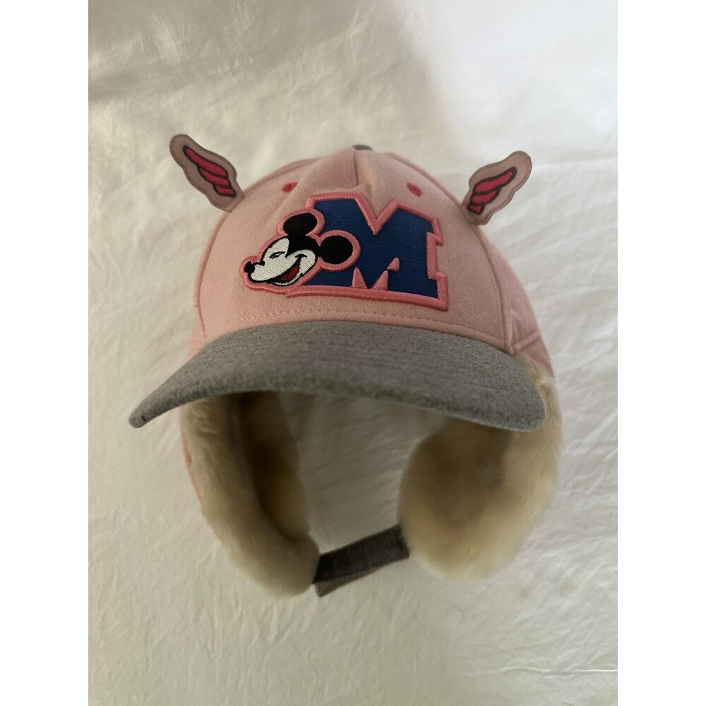 Disney Mickey Mouse Pink & Grey Fur Winter Trapper Hat Cap Fur Ear Flaps
